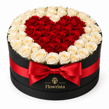 Flowrista red rose heart surrounded by cream roses in black hatbox with red bow