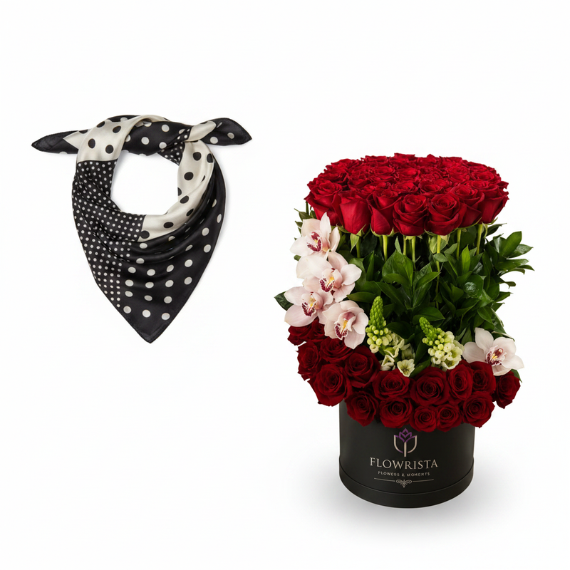 Mango black satin polka dot triangular scarf with Flowrista Persian Queen luxury red roses box
