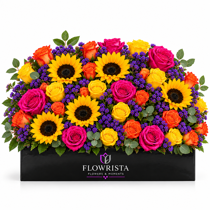 Fresh yellow sunflowers pink orange and yellow roses with purple statice and eucalyptus in a black Flowrista planter