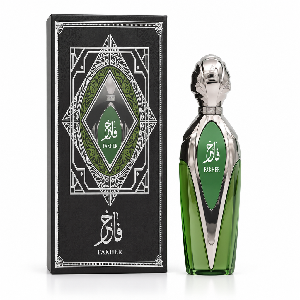 Fakher green and silver perfume bottle with its ornate presentation box