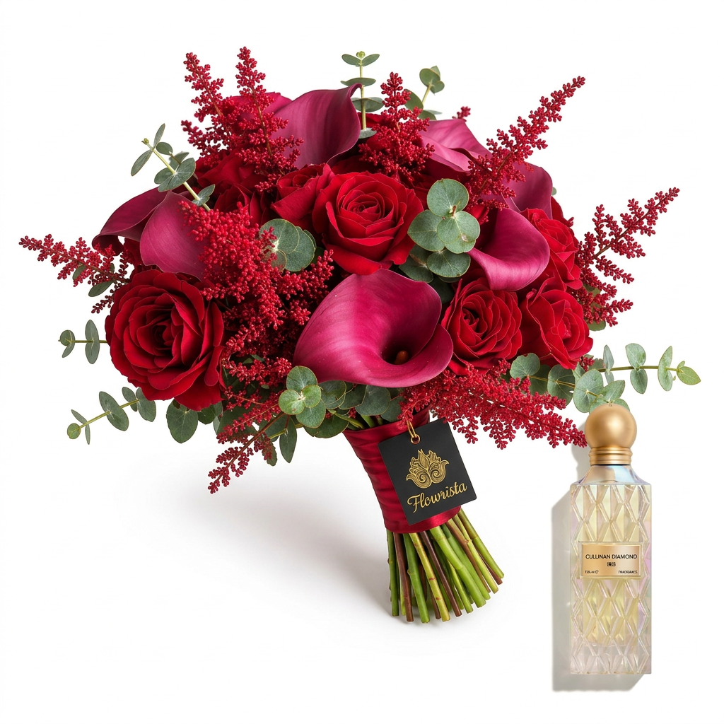 Cullinan Diamond Iris 150 ml perfume beside a Flowrista red rose and burgundy calla lily bouquet