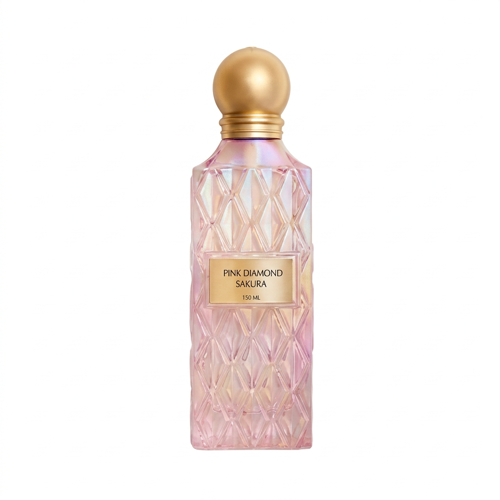 Pink Diamond Sakura 150 ml pink faceted perfume bottle with gold-coloured spherical cap