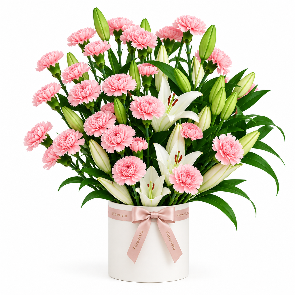 Flowrista white flower box with pink carnations, open white lilies, lily buds and greenery