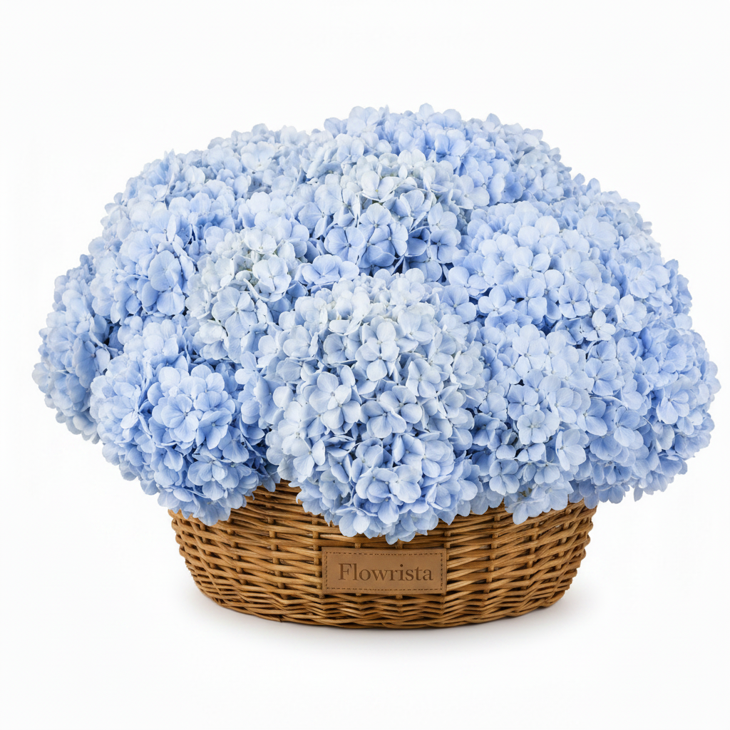 Flowrista blue hydrangeas overflowing woven basket on white background