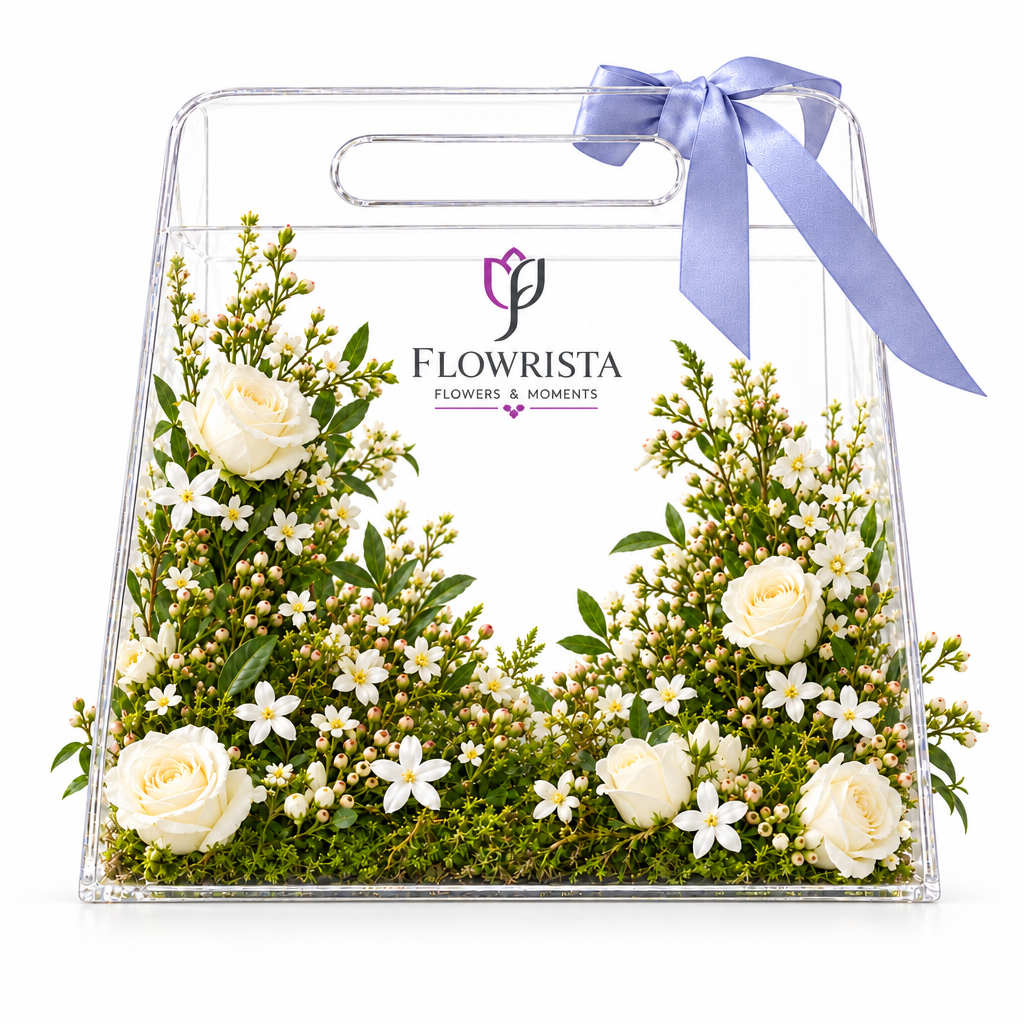 Fresh white roses delicate white filler flowers and greenery in a clear Flowrista gift bag with lavender ribbon