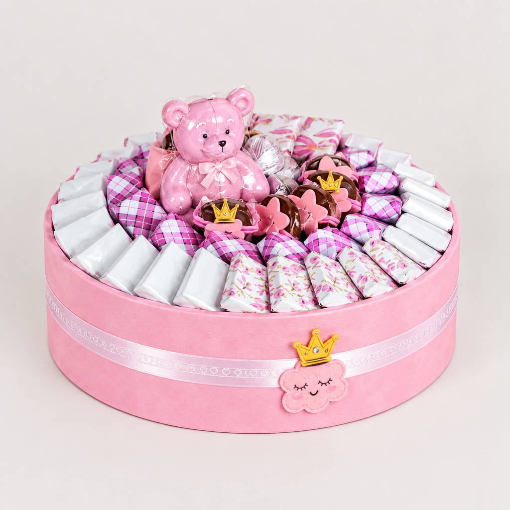 Baby Girl 11 pink and white chocolate gift basket with teddy bear