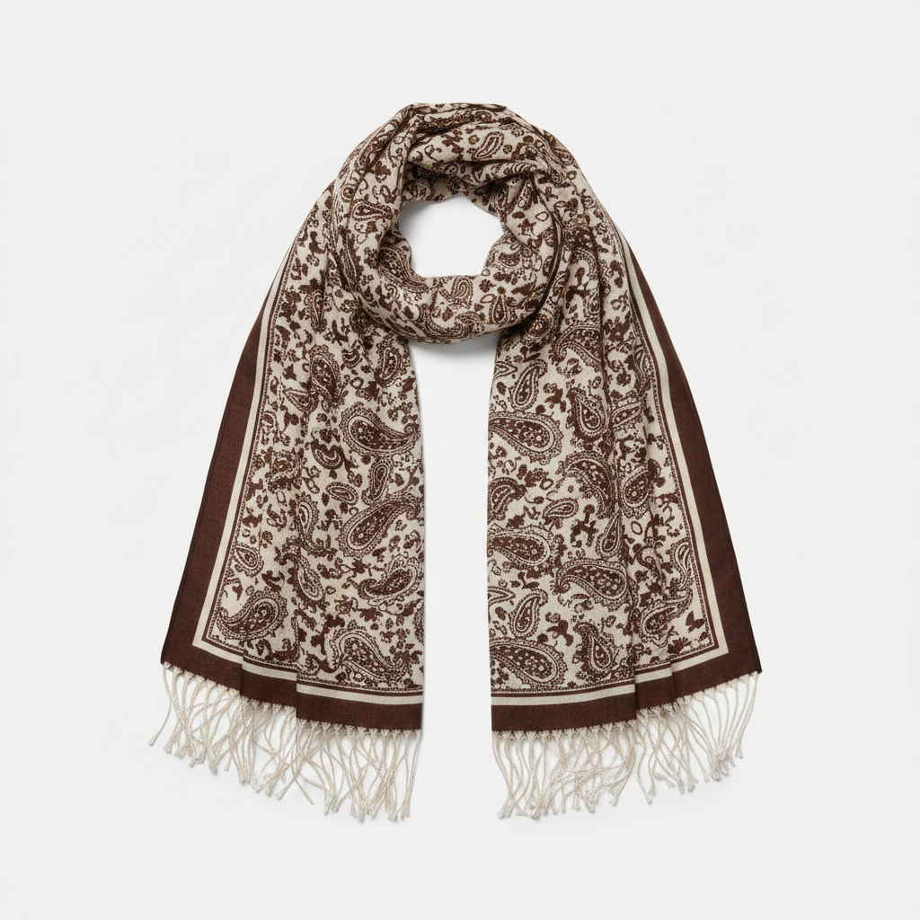 Mango chocolate brown paisley print scarf with cream background and frayed edges 190x90cm