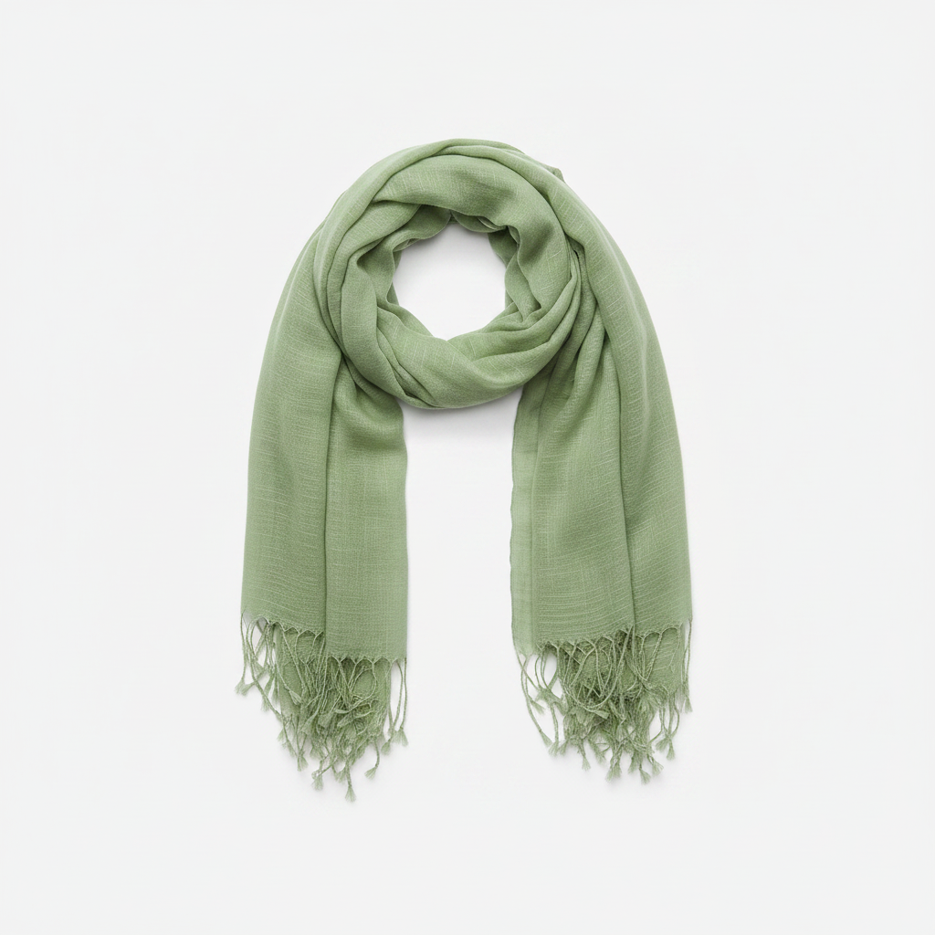 Mango sage green cotton blend scarf with fringe ends on white background