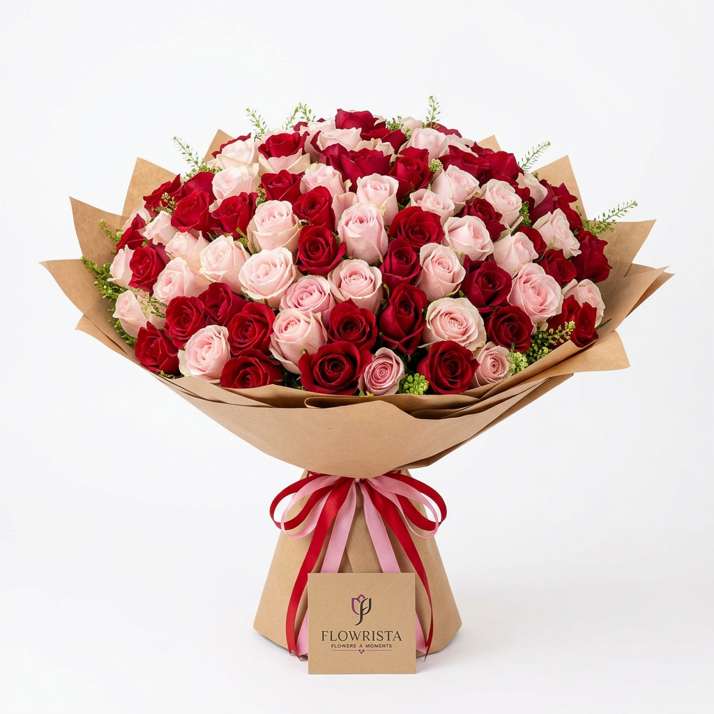 Red and pink rose bouquet in brown wrapping paper tied with ribbons and a Flowrista flower tag