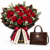 Flowrista red rose bouquet with brown croc Crealily satchel gift set
