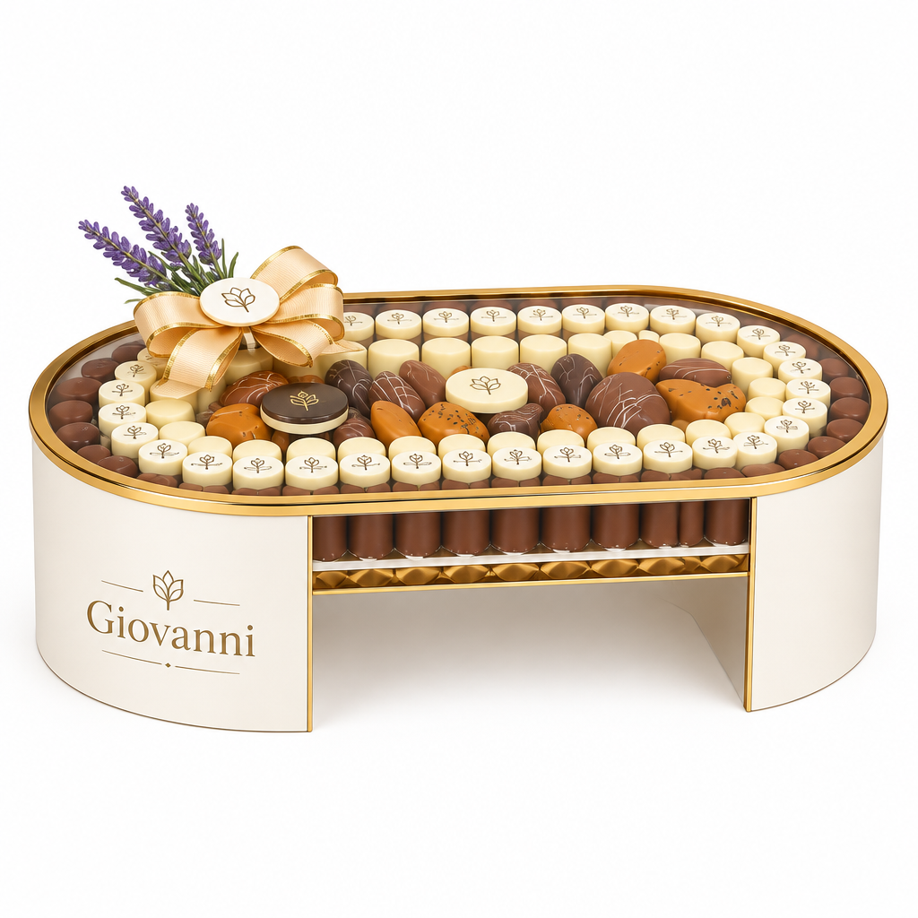 Giovanni oval gold-rimmed acrylic chocolate tray filled with assorted white and milk chocolates