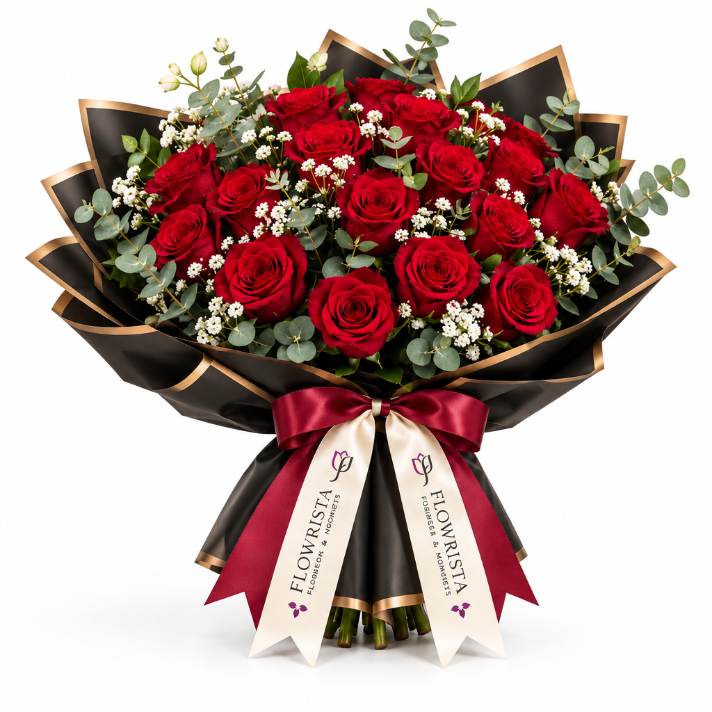 Red roses with gypsophila in Flowrista black and gold wrap with burgundy bow