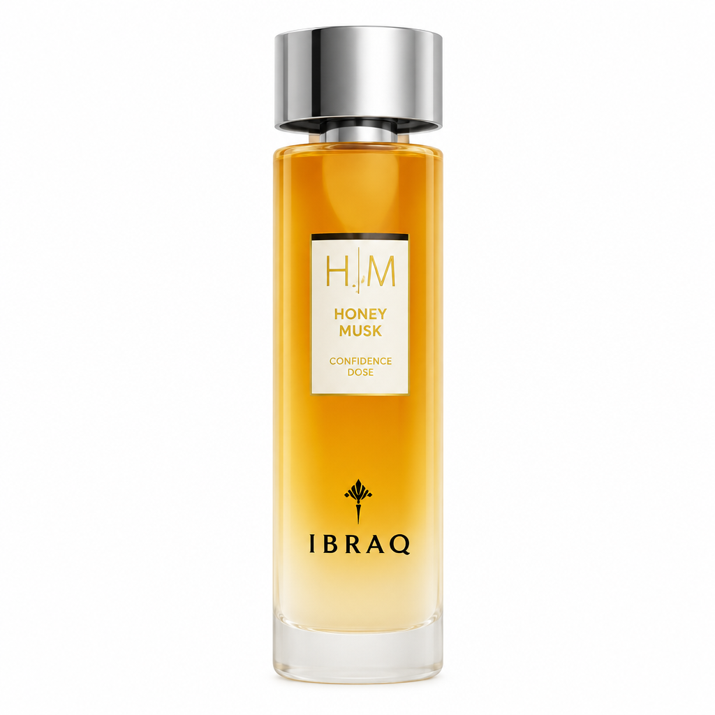 IBRAQ Confidence Dose Honey Musk golden bottle with silver cap
