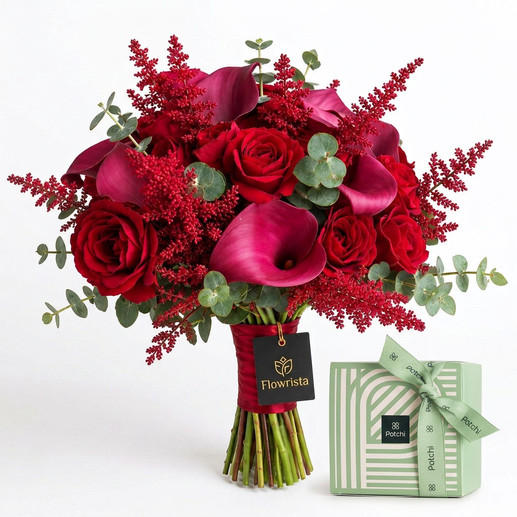 Red and burgundy Flowrista bouquet with eucalyptus beside a mint green Patchi chocolate box