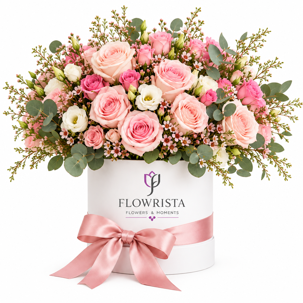Pink roses and white lisianthus in a white Flowrista box with pink satin bow