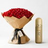 Arabian Tobacco 100 ml gold perfume beside red roses in brown wrapping with black ribbons and Flowrista tag