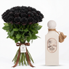 Riviera Sunset perfume beside a black rose bouquet with brown ribbon and Flowrista gift tag