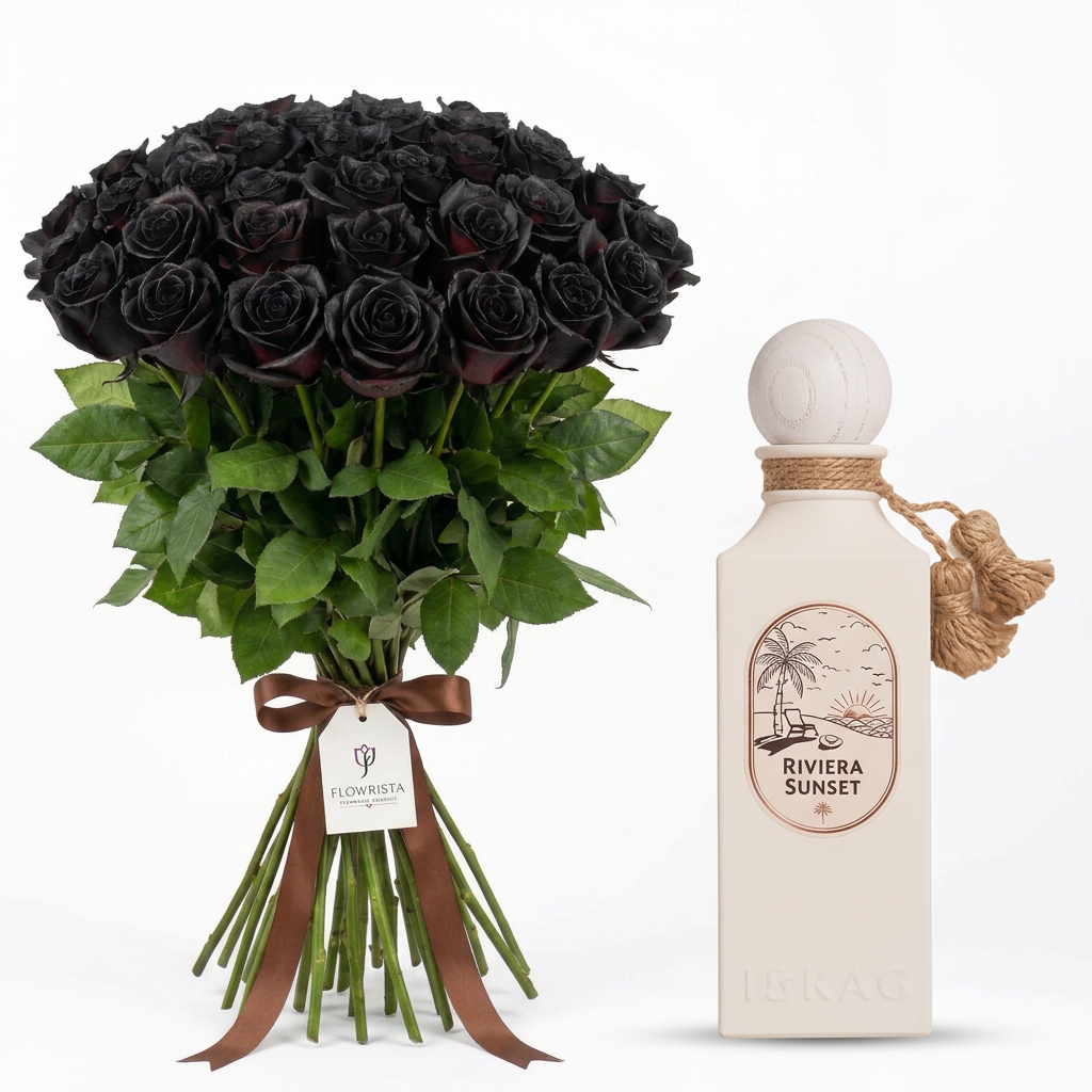 Riviera Sunset perfume beside a black rose bouquet with brown ribbon and Flowrista gift tag