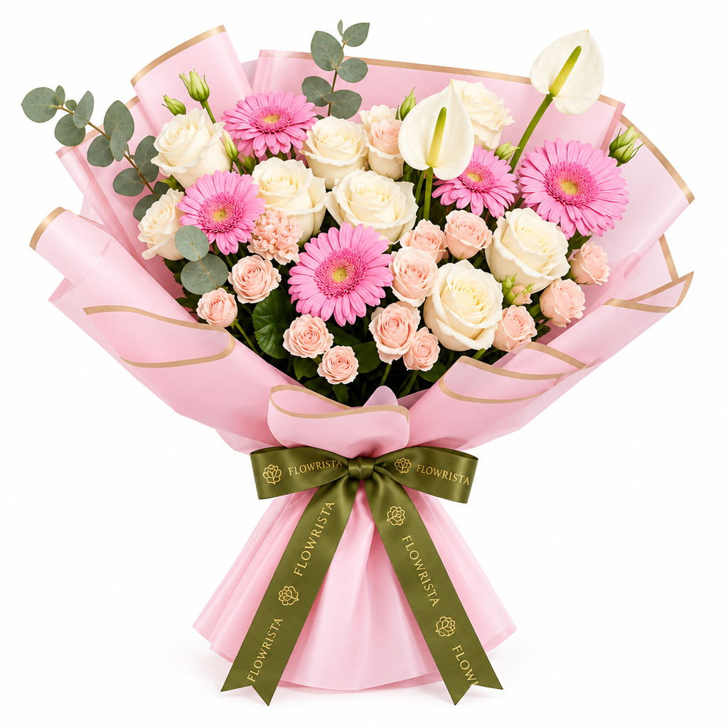 Flowrista pink gerberas and white roses with pale pink spray roses and white anthuriums in pink wrapping