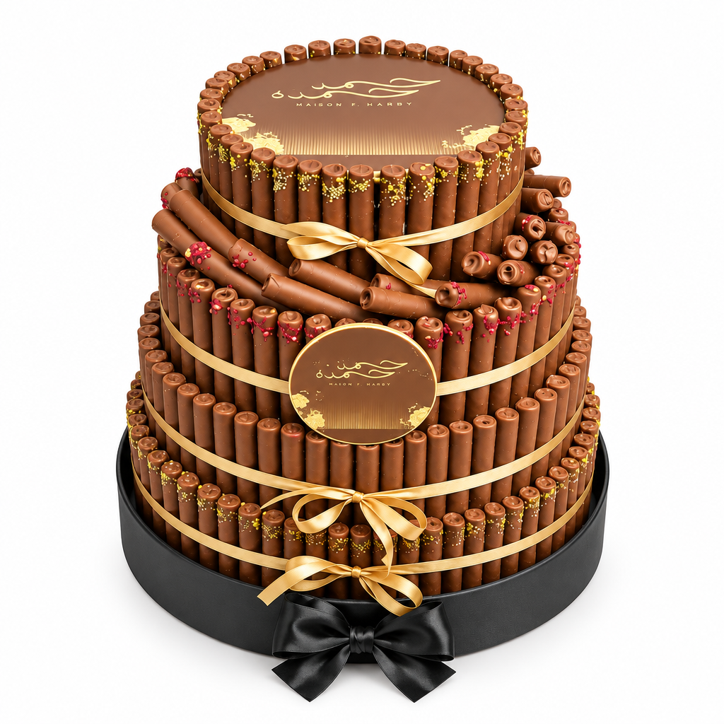 Italian Fine Fair Pyramid Jumbo tiered chocolate arrangement with gold ribbons on a dark base