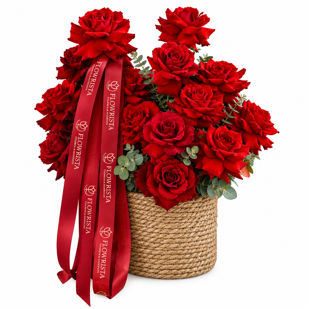 Red roses and eucalyptus in a woven basket with long red Flowrista ribbon