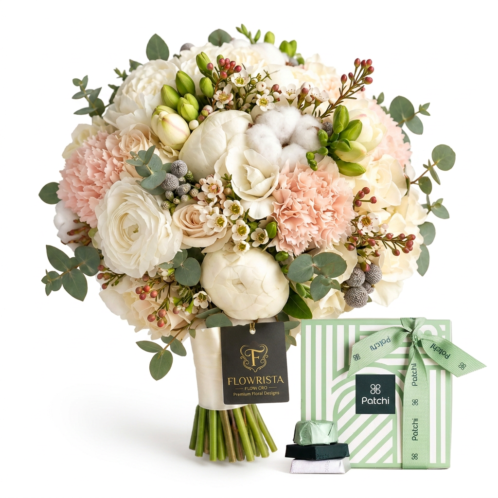 Patchi 500g chocolate box with green ribbon beside a white and blush pink Flowrista bouquet