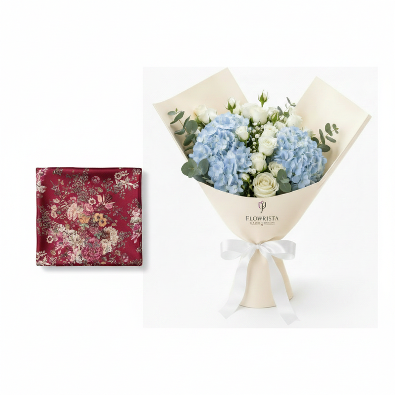 Mango maroon floral print satin scarf with Flowrista blue hydrangea and white roses bouquet