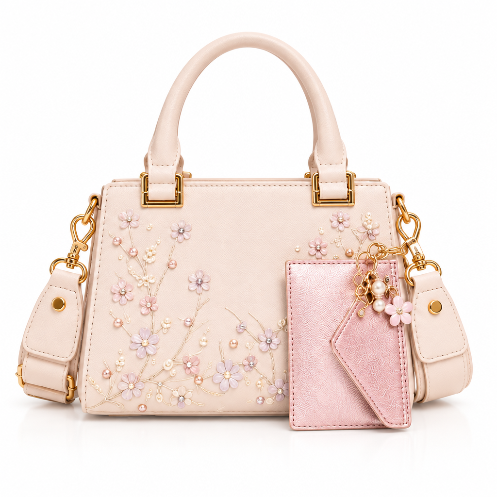 Cream satchel bag with pearl flower embellishments, gold hardware and pink card pouch