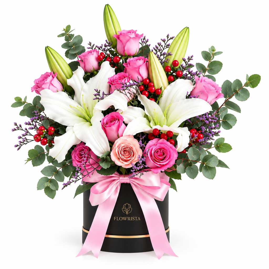White lilies and pink roses in a black Flowrista box with pink satin bow