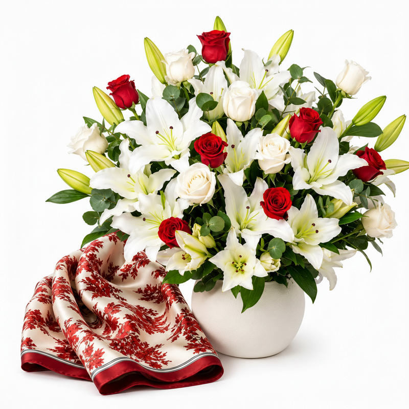 Mango burnt orange floral satin scarf with Flowrista red roses and white lilies vase luxury gift set