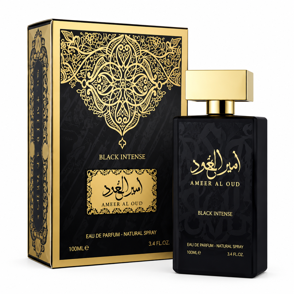 Amir Al Oud Black Intense Eau de Parfum 100ml black bottle with gold cap and matching box