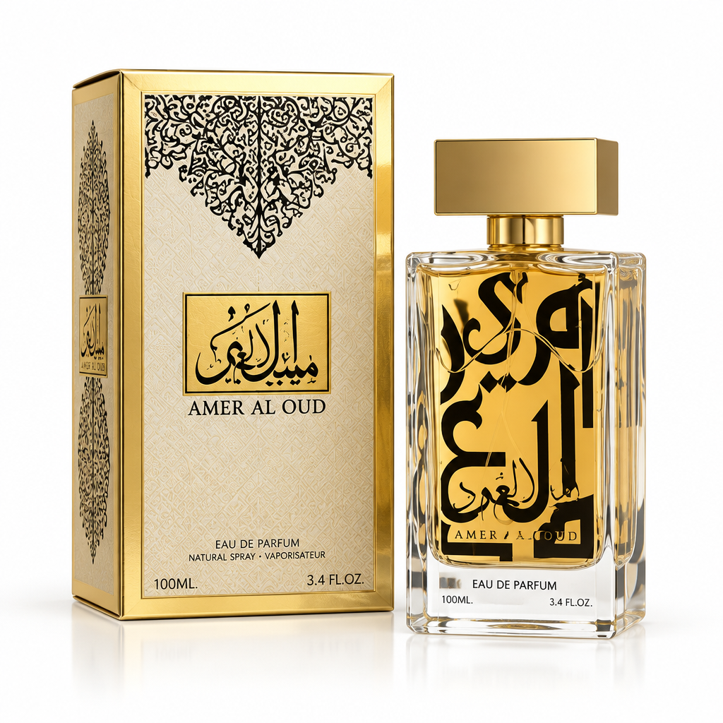 Amir Al Oud Gold 100ml perfume bottle with matching gold box