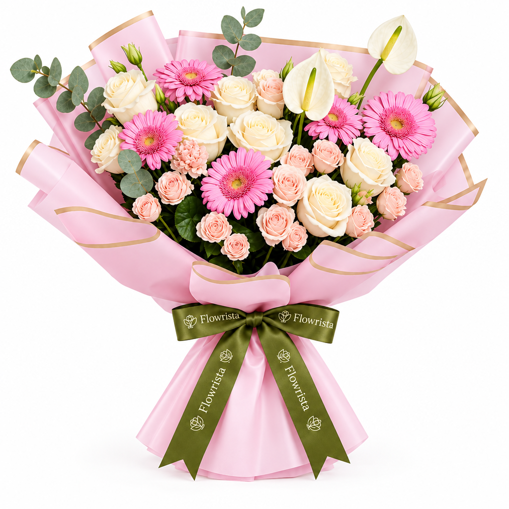 Flowrista pink gerberas cream roses and white anthuriums in pink wrapping with olive green ribbon