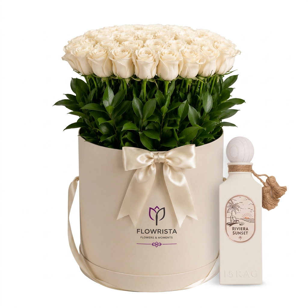 Riviera Sunset perfume beside a tall cream Flowrista white rose hatbox with ivory satin bow