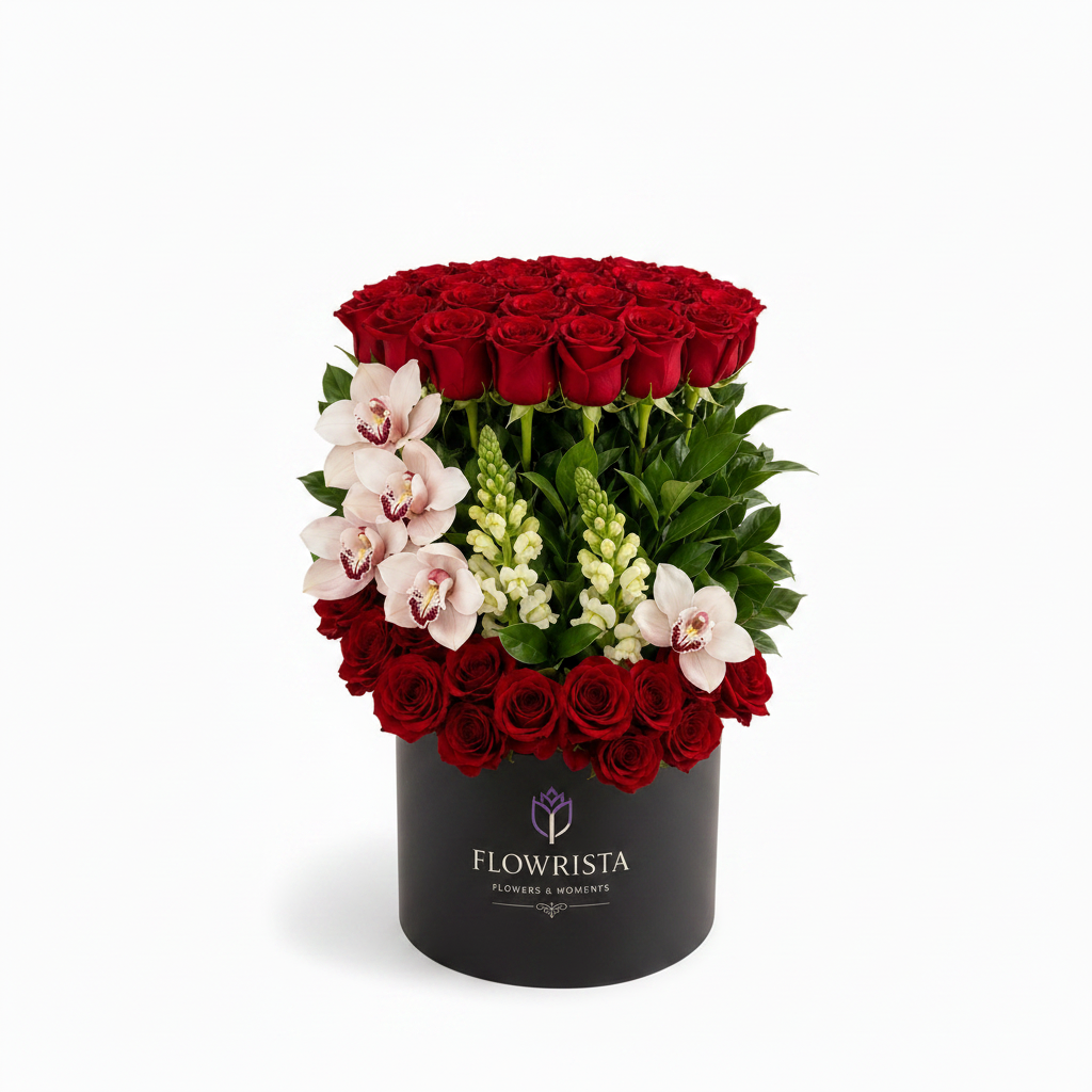 Flowrista red roses orchids black hat box on white background