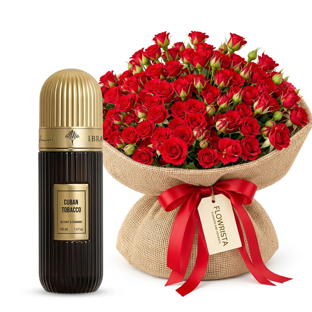 Cuban Tobacco 100 ml perfume beside red spray roses in burlap wrapping with a Flowrista gift tag
