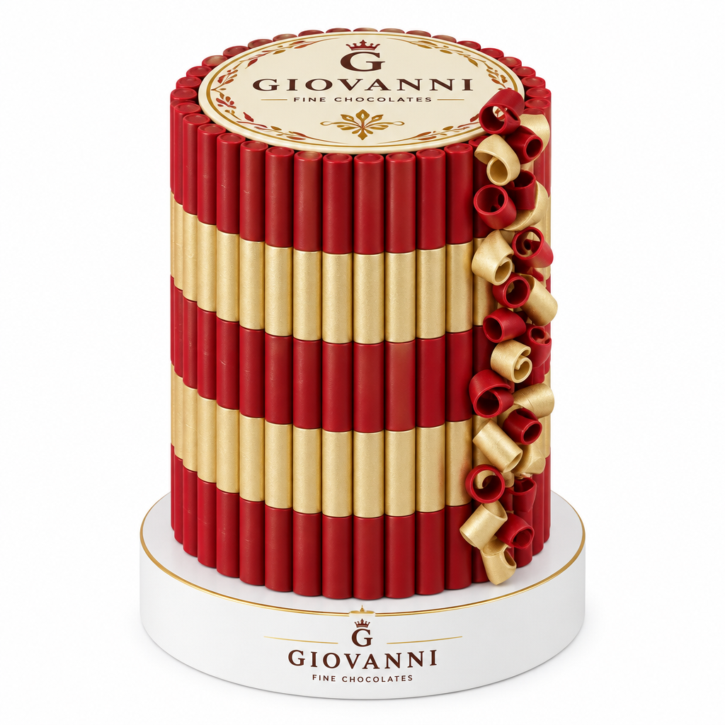 Giovanni red and pale-gold custom-stick chocolate pyramid on a white round base