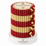 Giovanni red and pale-gold custom-stick chocolate pyramid on a white round base