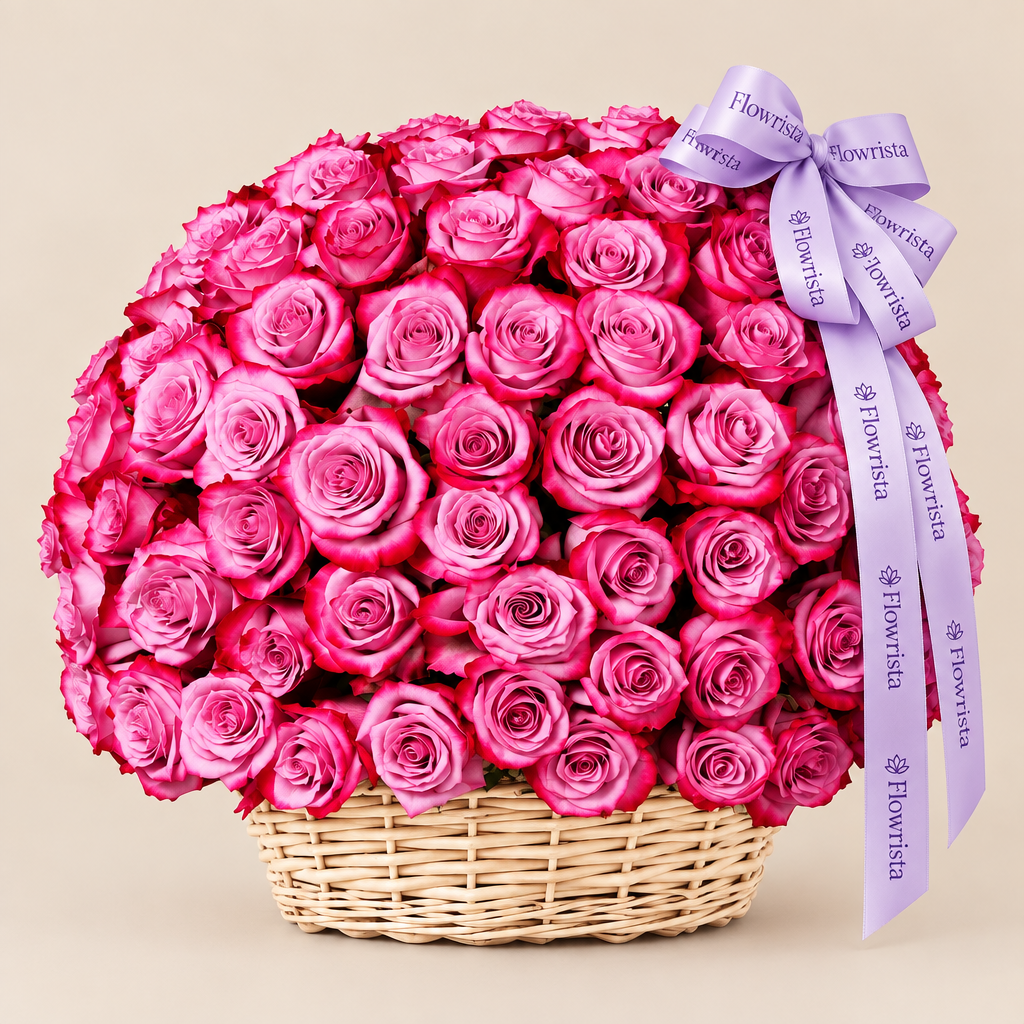 Flowrista basket of vibrant pink roses with lilac ribbon