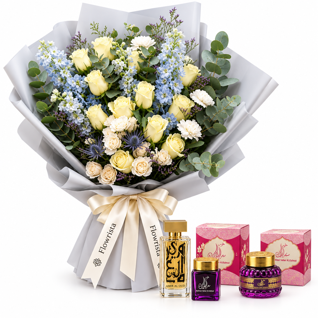 Amir Al Oud Gold perfume with Saher Alkalmet bakhoor and mamoul beside Flowrista cream rose and blue flower bouquet