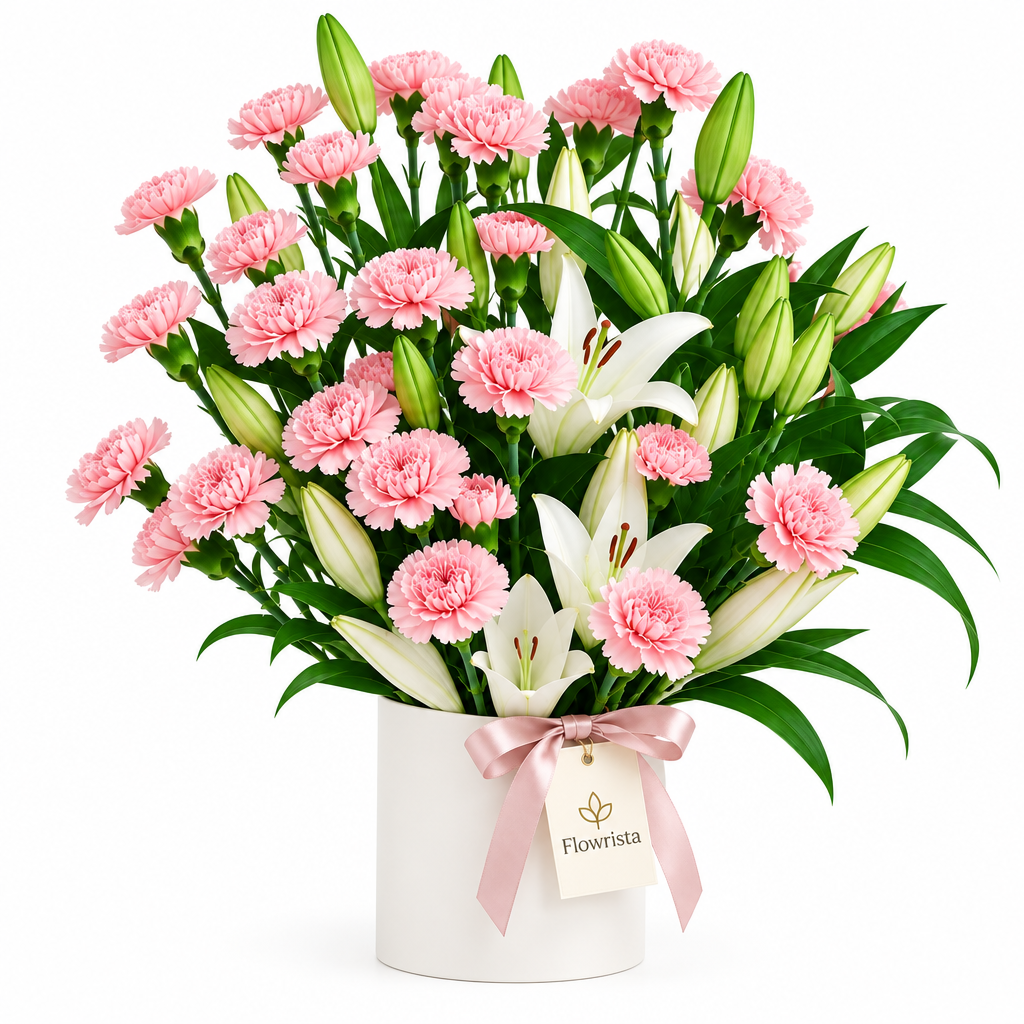 Flowrista pink carnations and white lilies with green foliage in a white container and pink bow