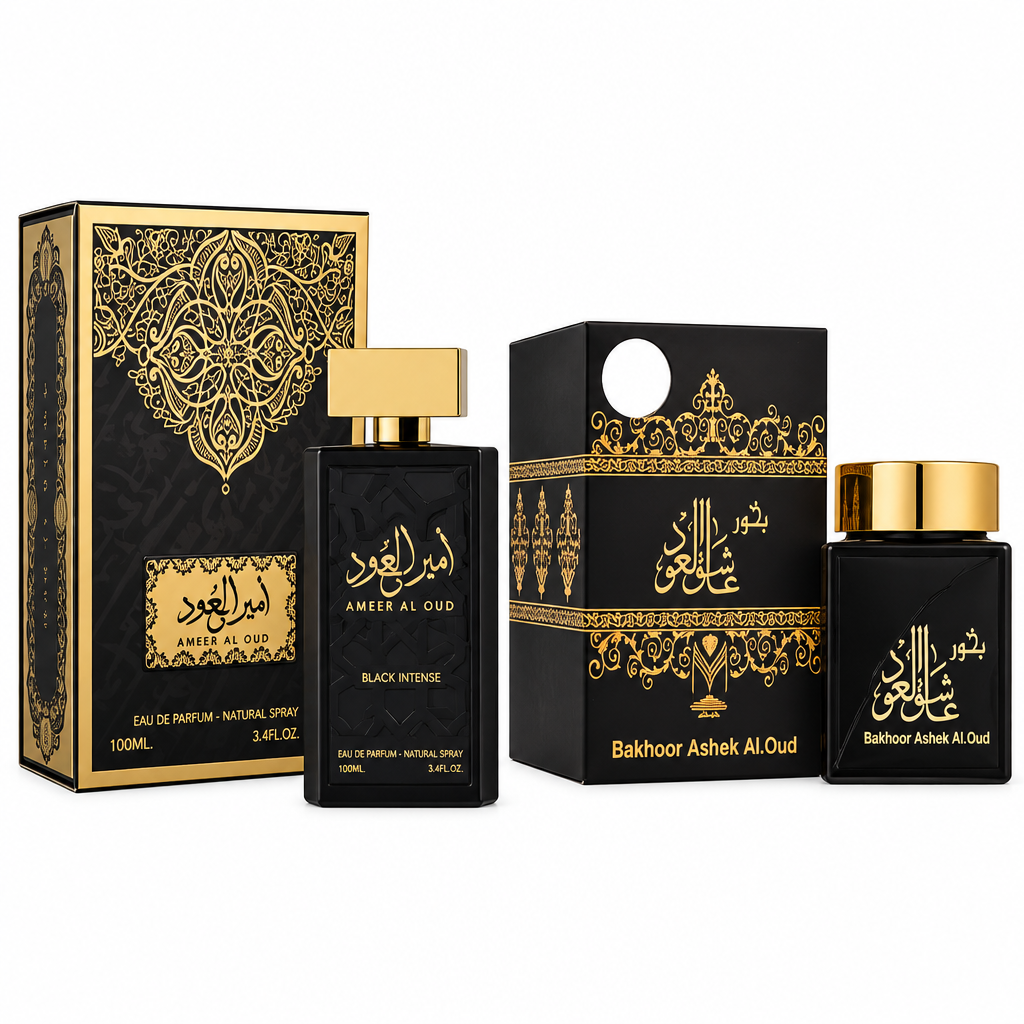 Ameer Al Oud Black Intense 100ml perfume and Ashek Al Oud Bakhoor with matching boxes