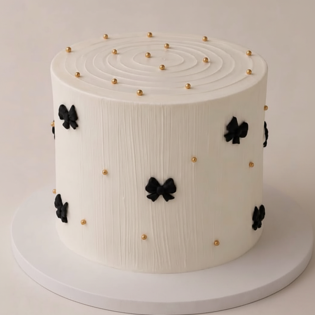 One-kilo Sugar Sweet white celebration cake with black bows and gold pearl decorations
