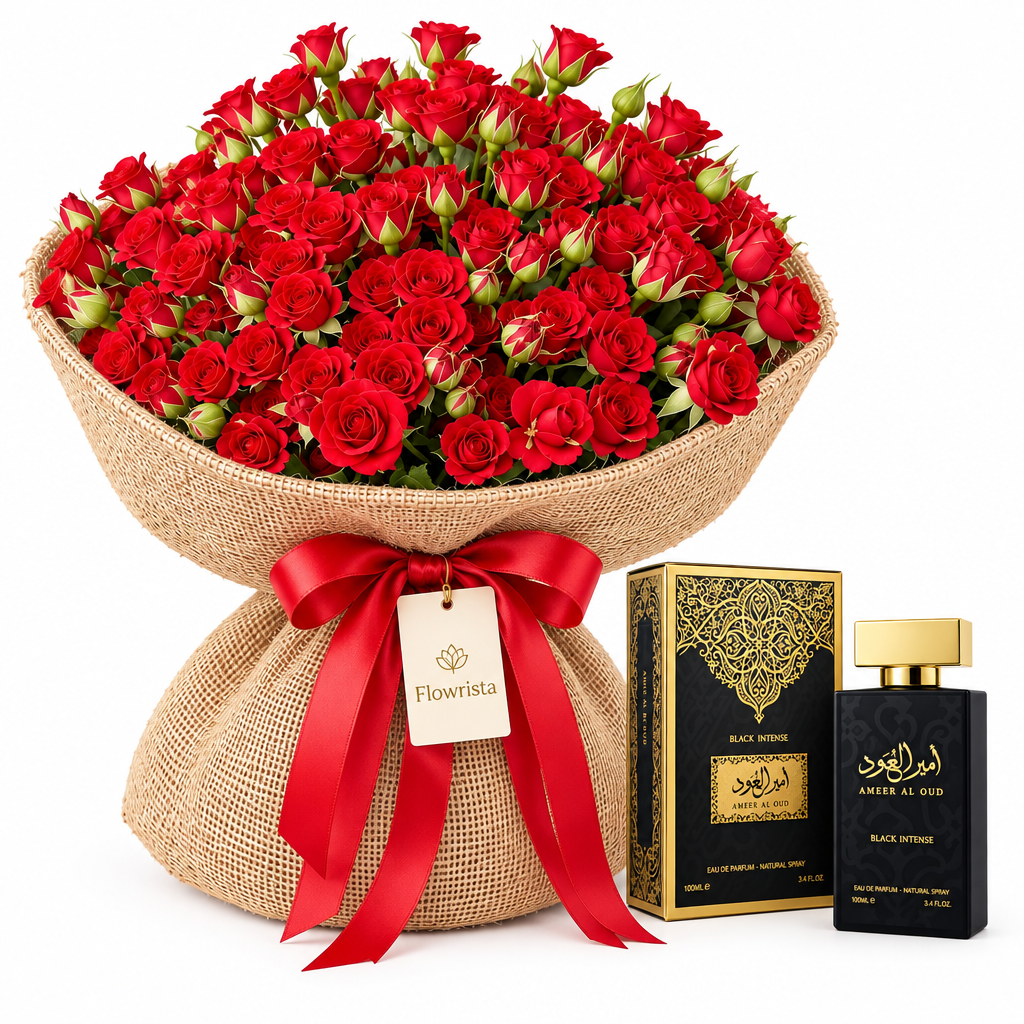 Ameer Al Oud Black Intense perfume and box beside Flowrista red rose bouquet in burlap wrapping