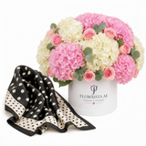 Mango polka dot satin scarf with Flowrista pink and white hydrangeas hat box luxury gift set