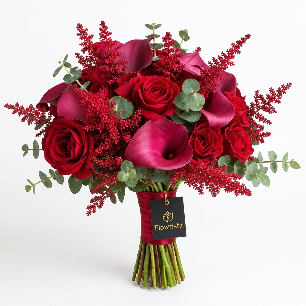 Red roses and burgundy calla lilies with eucalyptus red floral accents and Flowrista gift tag