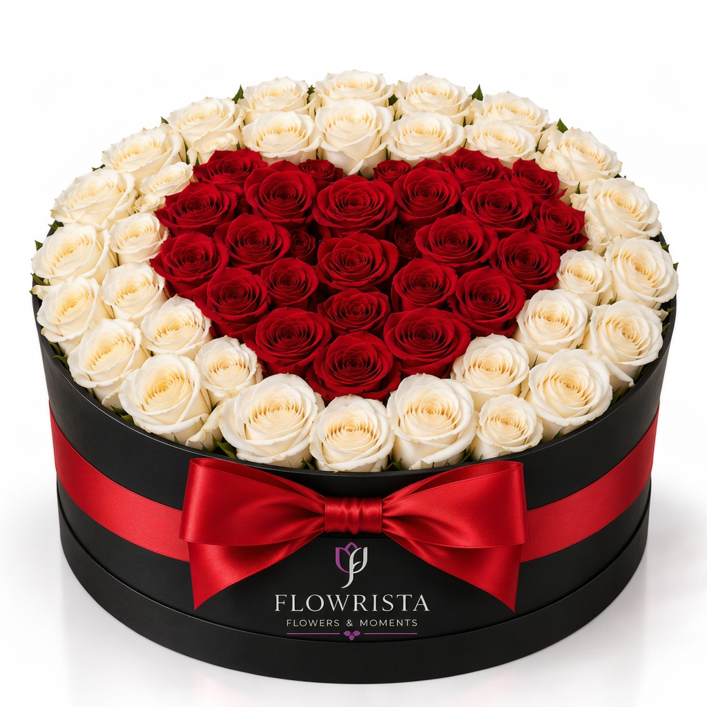 Red rose heart surrounded by cream white roses in a black Flowrista hatbox with red satin bow