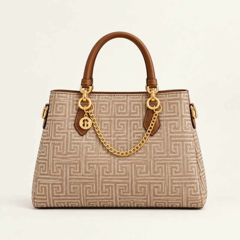 ALDO Baeli brown patterned satchel with brown handles and gold-tone chain on a light background