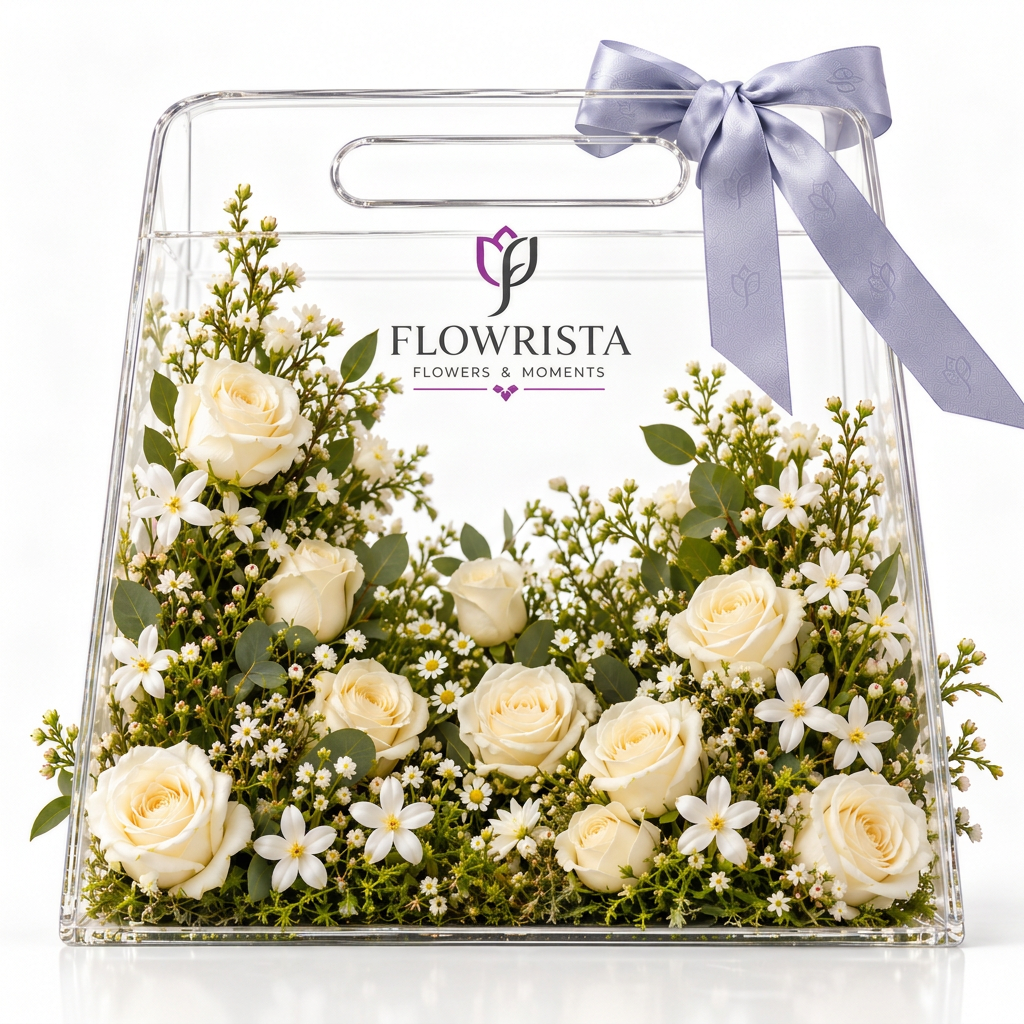 Creamy white roses and small white flowers in a clear Flowrista acrylic handled bag with lavender bow