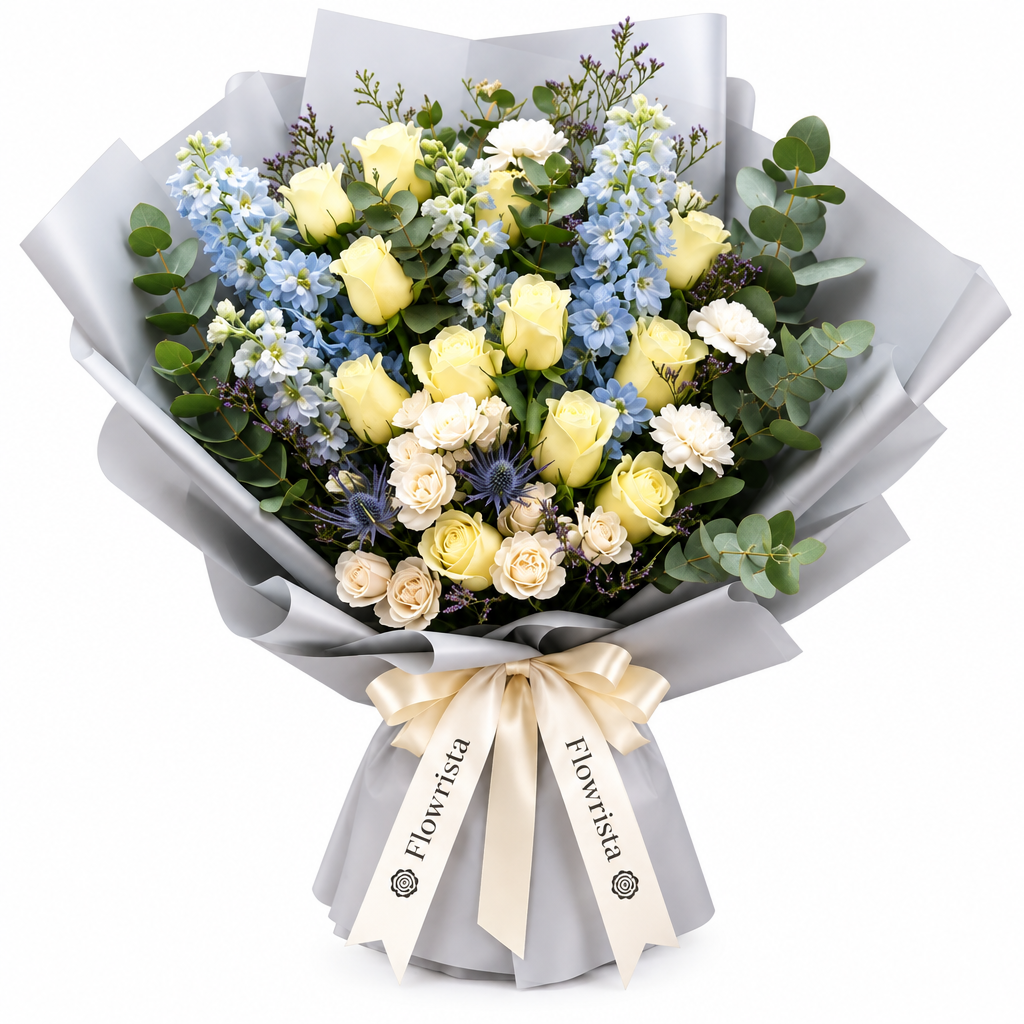 Flowrista cream rose and pale blue mixed flower bouquet with eucalyptus in grey wrapping and cream ribbons